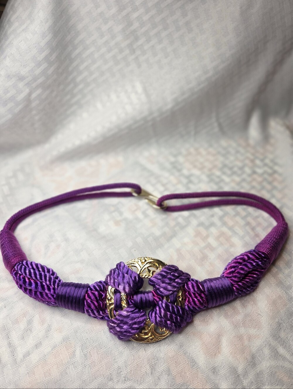 Vintage 80s Purple Braided Cord Belt Gold Filigree Medallion Knotted